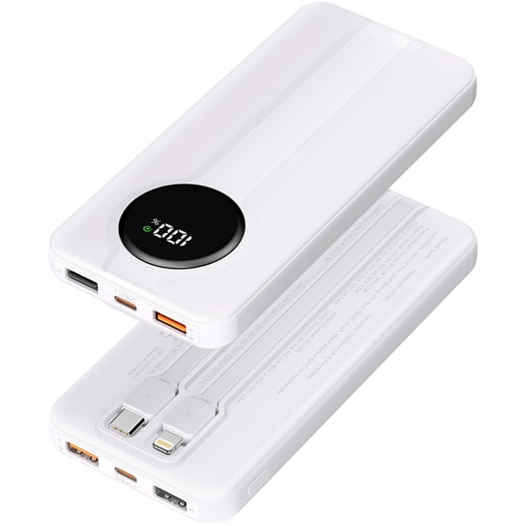 Aioneus 22.5W Power Bank with Built in Cables, Slim Portable Charger 10000mAh Fast Charging Battery Pack for Cell Phone, White