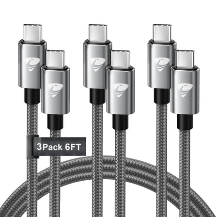 Aioneus 6 ft USB C to USB C Cable Fast Charging Cord Compatible with iPhone 16 15 Samsung, Gray (3 Pack)