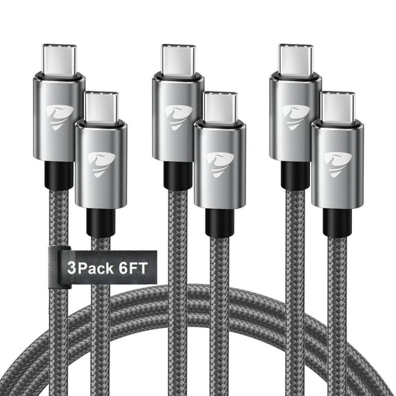 Aioneus 6 ft USB C to USB C Cable Fast Charging Cord Compatible with iPhone 16 15 Samsung, Gray (3 Pack)