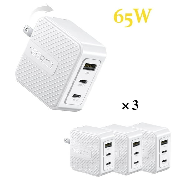 Aioneus 3Pack 65W USB C Charger 3-Port GaN Wall Charging Block Compatible with iPhone/MacBook/Samsung, White