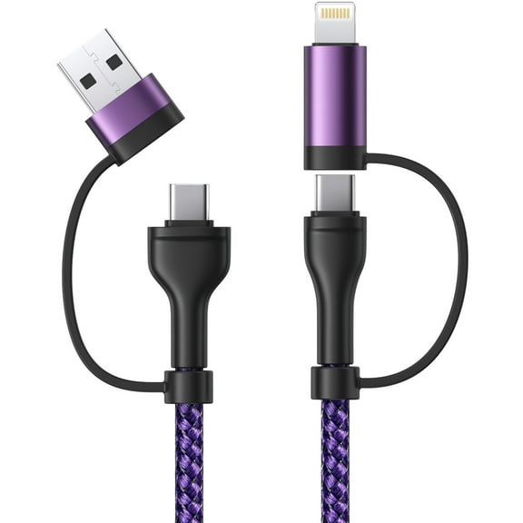 Aioneus 4 in 1 Multi Charging Cable 60W 6FT Braided USB C Phone Charger Cord Compatible with iPhone iPad MacBook Samsung, Purple
