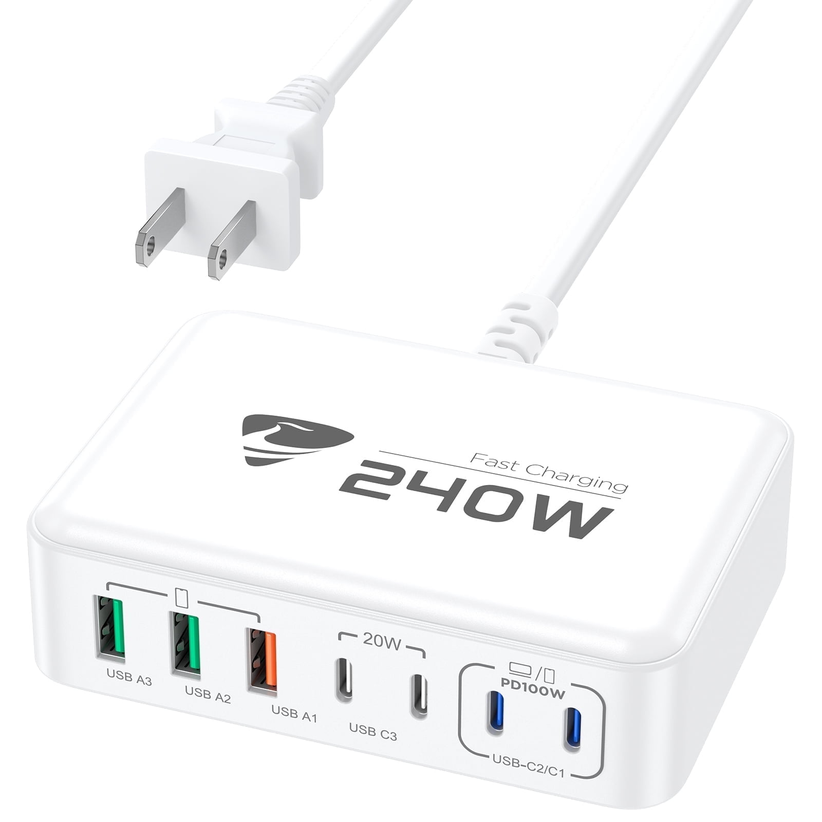 Aioneus 7-Port GaN USB C Charger Block 240W Fast Charging Station Power Adapter Compatible with Laptop Macbook iPhone iPad, White