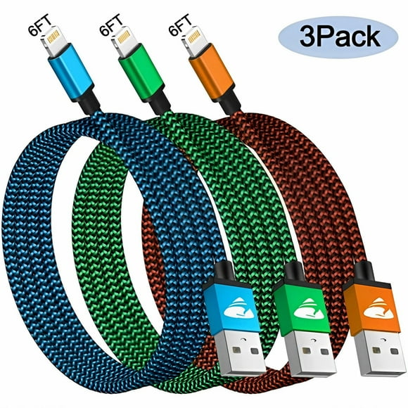 Aioneus Charger Cord 6ft 3A Fast Charging Cable, 3Pack Nylon Braided Cable Compatible with iPhone 14/13/12/11/iPad, Multicolor