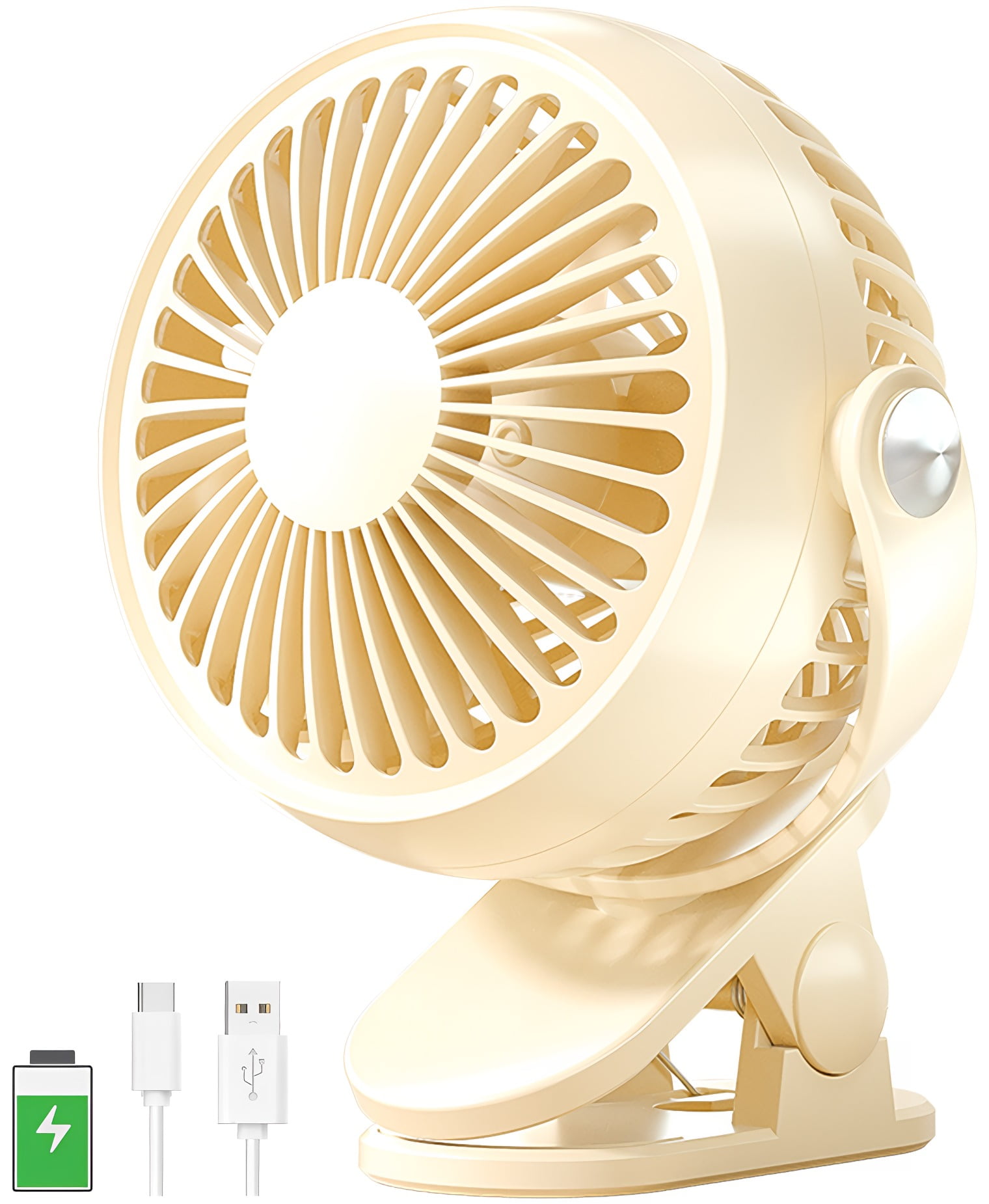 Aioneus Clip on Fan Battery Operated, 5 Speeds 360° Rotation Small Desk fan for Office/Car/Gym/Treadmill/Stroller, Beige