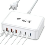 Aioneus Multi USB C Charger Block GaN 100W 6 Ports Fast Charging Station Power Adapter Compatible with Laptop Macbook iPhone iPad, White