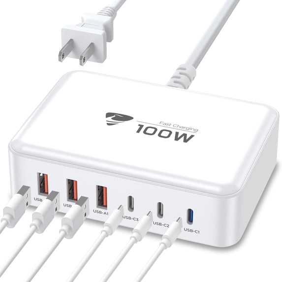 Aioneus Multi USB C Charger Block GaN 100W 6 Ports Fast Charging Station Power Adapter Compatible with Laptop Macbook iPhone iPad, White