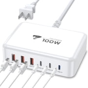 Aioneus Multi USB C Charger Block GaN 100W 6 Ports Fast Charging Station Power Adapter Compatible with Laptop Macbook iPhone iPad, White