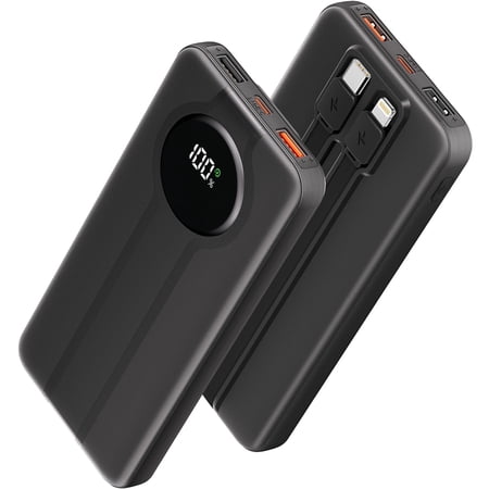 Aioneus Portable Charger Power Bank with Built-in Cables, 10000mAh 20W Fast Battery Pack, Black