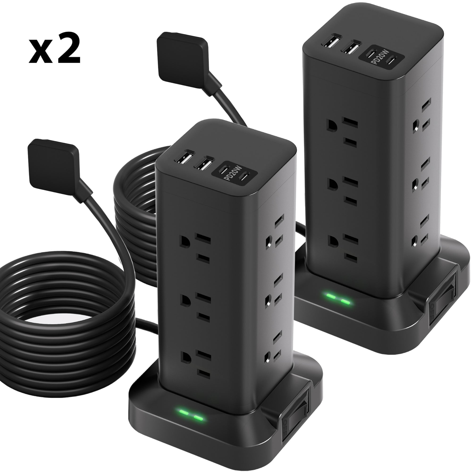 Aioneus Power Strip Tower Surge Protector with 12 Outlets and 4 USB (2 USB C + 2 USB A Ports) 6 FT Extension Cord, Black (2Pack)