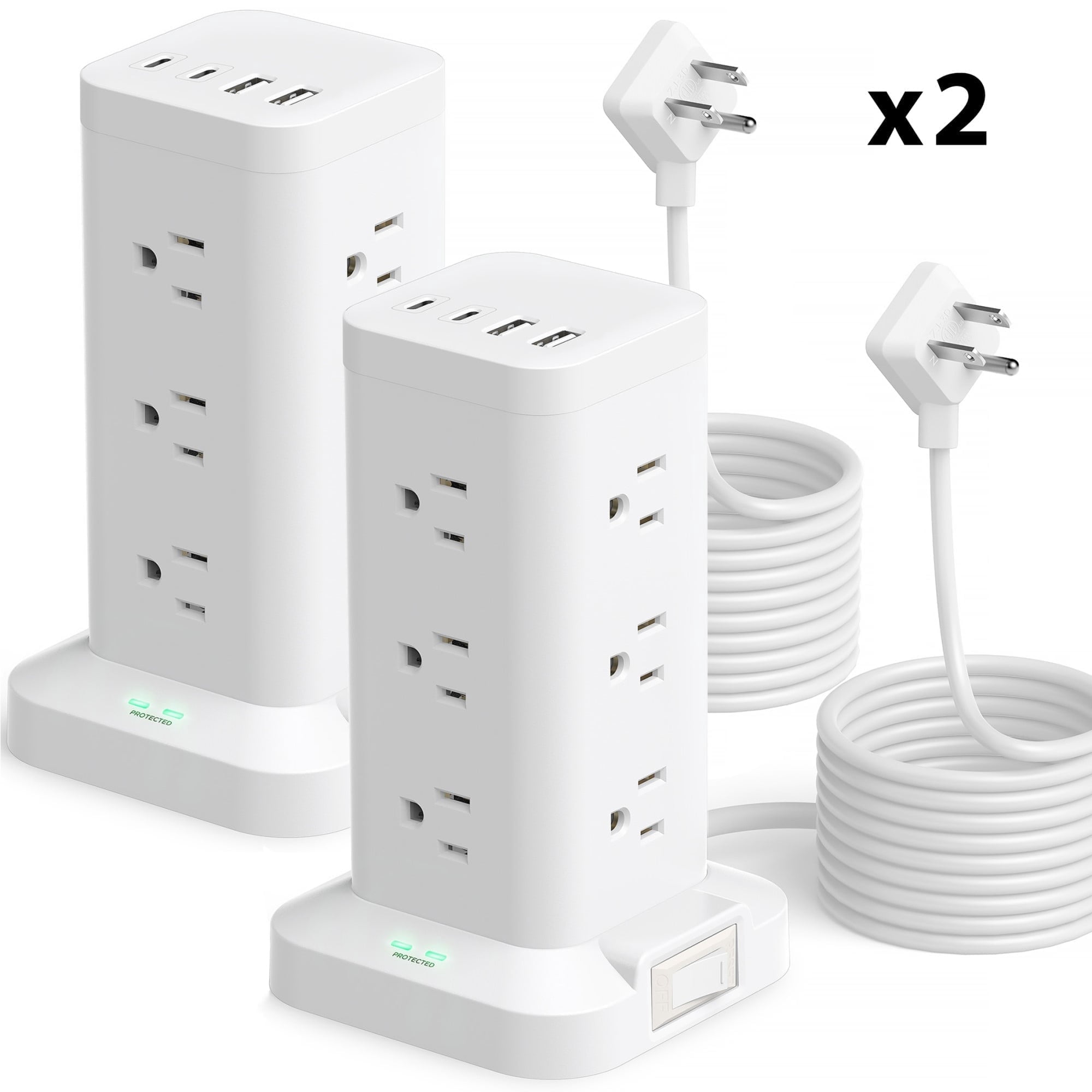 Aioneus Power Strip Tower Surge Protector with 12 Outlets & 4 USB Ports, 6ft Cord, White (2Pack)