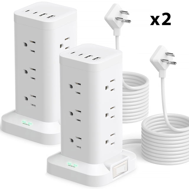 Aioneus Power Strip Tower Surge Protector with 12 Outlets & 4 USB Ports, 6ft Cord, White (2Pack)