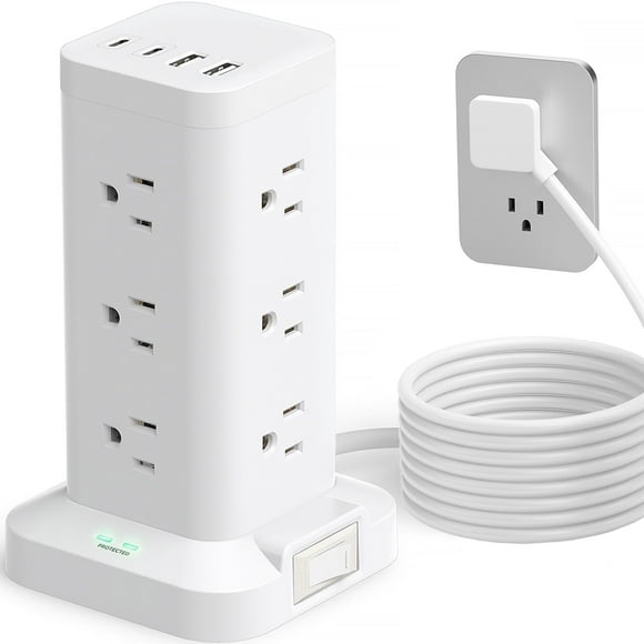 Aioneus Power Strip Tower Surge Protector with 12 Outlets & 4 USB Ports, 6ft Cord, White