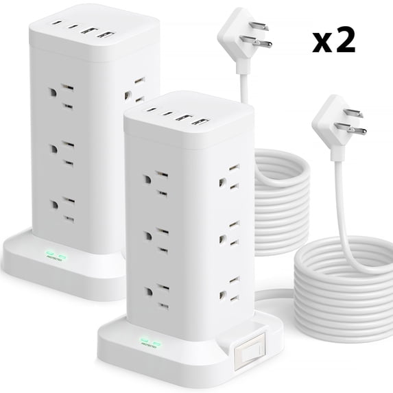 Aioneus Power Strip Tower Surge Protector with 12 Outlets & 4 USB Ports, 6ft Cord, White (2Pack)