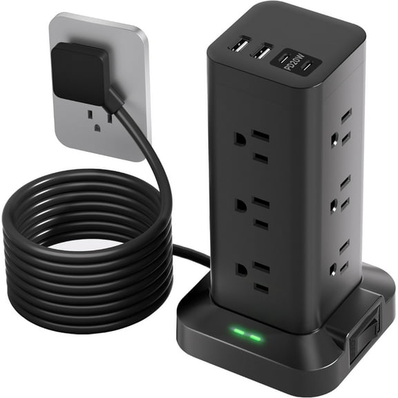 Aioneus Power Strip Tower Surge Protector with 12 Outlets and 4 USB (2 USB C + 2 USB A Ports) 6 FT Extension Cord Power Station, Black