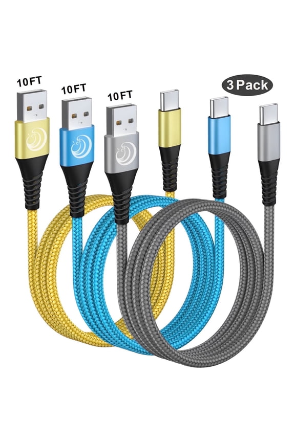 USB C Cable 10FT 3Pack, Braided Type C Charger Cord 3A Compatible with Samsung Galaxy Fast Charging, Multicolor