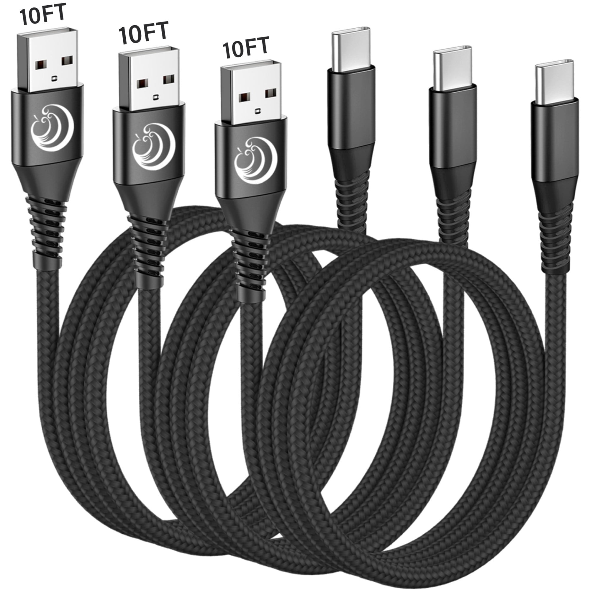 Aioneus USB C Cable 10ft 3Pack Type C Charger Cord 3A Fast Charging for Samsung Galaxy S25/S24/S23/S22/S21, iPhone 16/15 Phones, Black