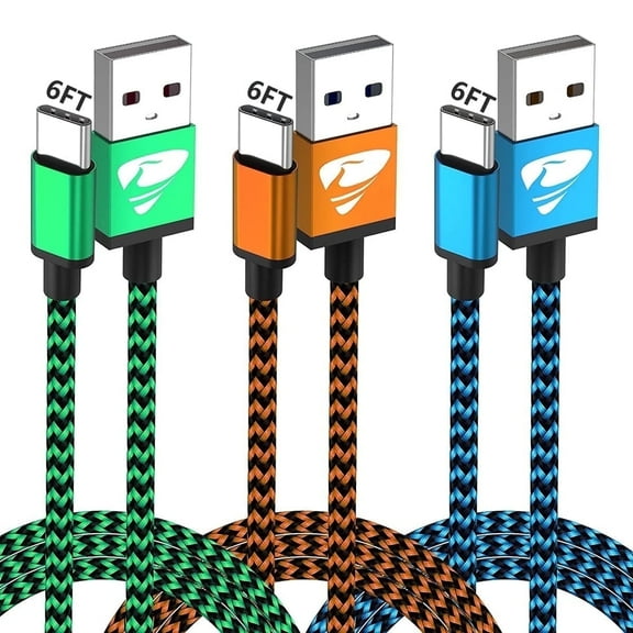 Aioneus USB C Cable 6FT 3A Fast Charging Cable, 3Pack Type C Charger Cord Braided for Samsung Galaxy S24 S23 S22 S21 S20