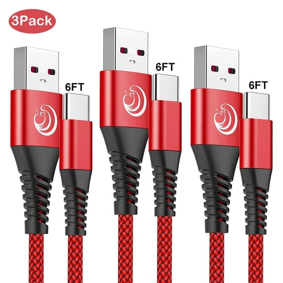 Aioneus USB-C Cable Nylon Braided Type C Charging Cable 6FT 2Pack USB to USB C Charger Cord for Samsung Galaxy S21 S20 S22 S10 S9 S8 A51 A11 Note 20 10 9 8, Red