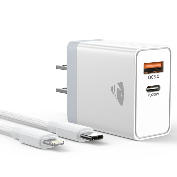 Aioneus USB C Charger 20W Dual Port PD Fast Charging Block with 6FT USB-C to Light-ning Cable Compatible with iPhone 14/13/12/11, White