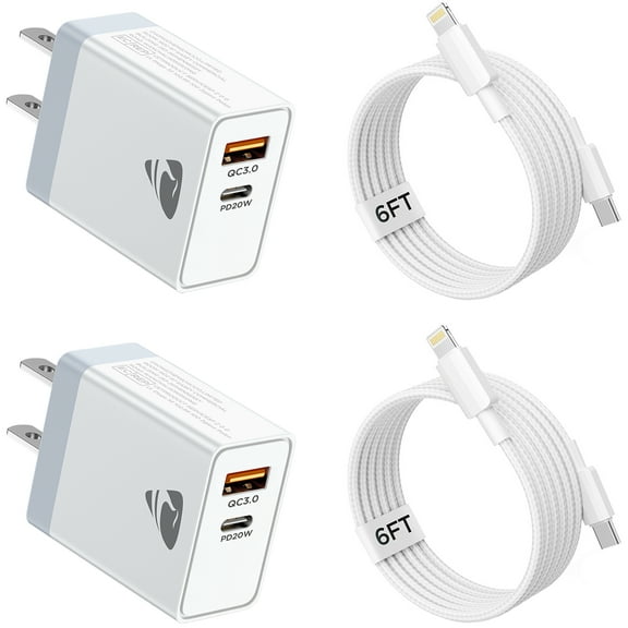 Aioneus 2Pack iPhone 14 13 12 Fast Charger 20W Dual Port PD Charger Block with 6FT Fast Charging Cables Compatible with iPhone iPad