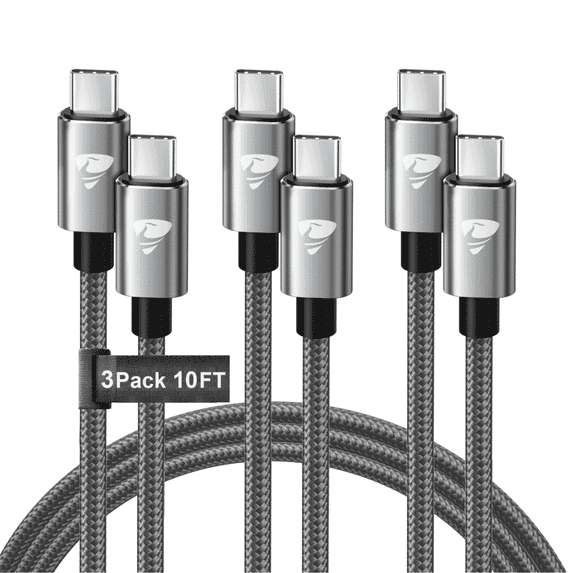 Aioneus USB C to USB C Cable [3Pack 10FT] 60W C to C Fast Charging Nylon Braided Type C to Type C Charger Cord for Samsung Galaxy iPhone 15/16, Gray