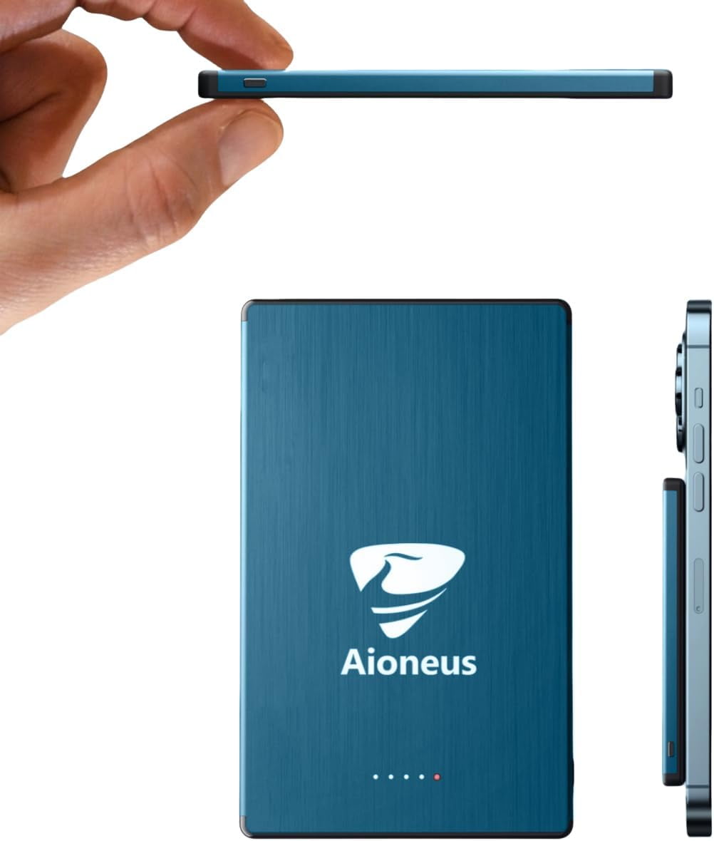 Aioneus Wireless Portable Charger 0.27 inch Ultra-Thin MagSafe Power Bank 5000mAh Magnetic Battery Pack for iPhone, Samsung, Blue