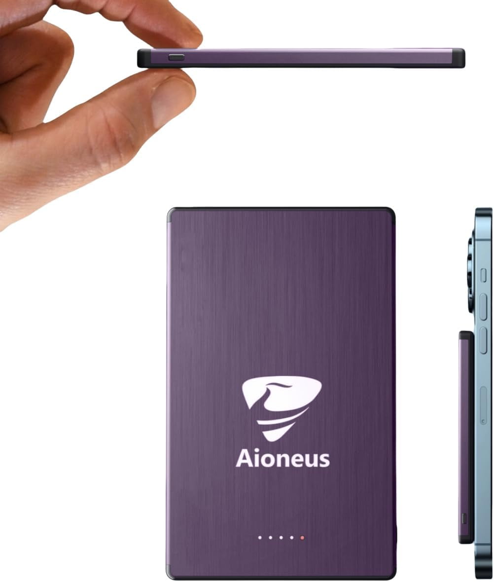 Aioneus Wireless Portable Charger 0.27 inch Ultra-Thin MagSafe Power Bank 5000mAh Magnetic Battery Pack for iPhone, Samsung, Purple