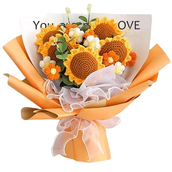 Aiouclay Crochet Sunflower Bouquet,Handmade Artificial Flowers Bouquet,Finished Knitted Flower with Package Thank You Gift Card Gift for Mother Father Birthday Teachers Day (5pcs Sunflowers) Y101