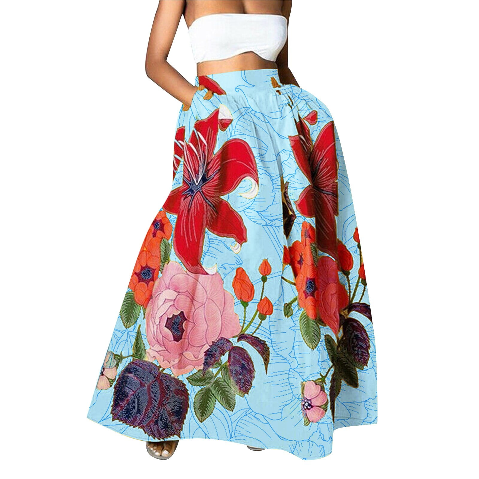 Aipengry Elastic Waist Skirts for Women Linen Maternity Dress Floral Print High Waist Party Beach Pocket Long Maxi Bulk Ballet Friendship Gifts for Women Sale Clearance Walmart