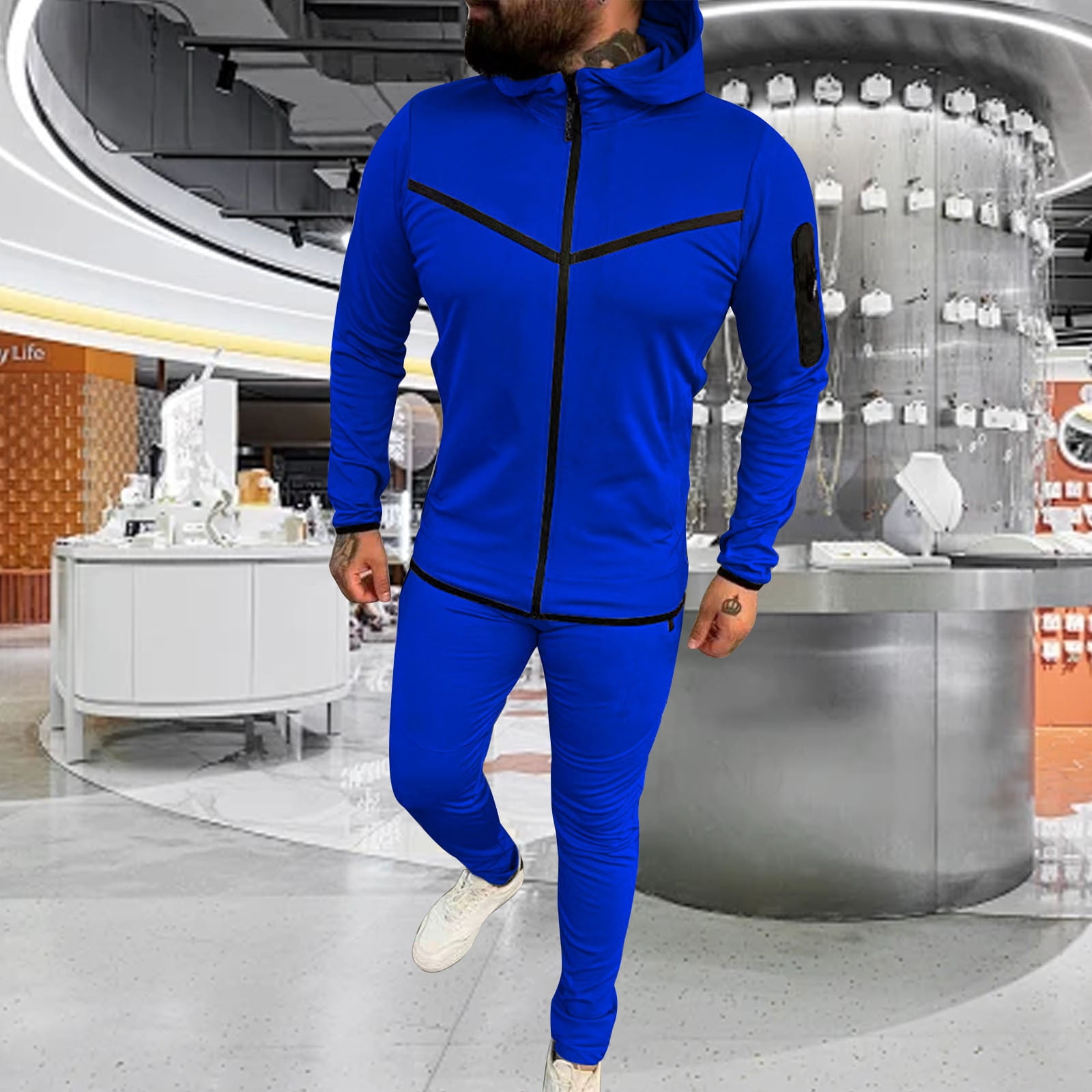 Aipewai Fall Sweat Suit for Men Fashion Outfit Casual Patchwork Solid