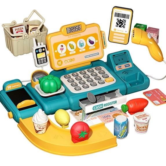 Aiqi Cash Registers Toys for Kids Pretend Play Set,Play Cash Register 36pcs Accessories with Scanner and Money,Credit Card,Microphone,Conveyors,Play Food for Kids Age 3+(Green)
