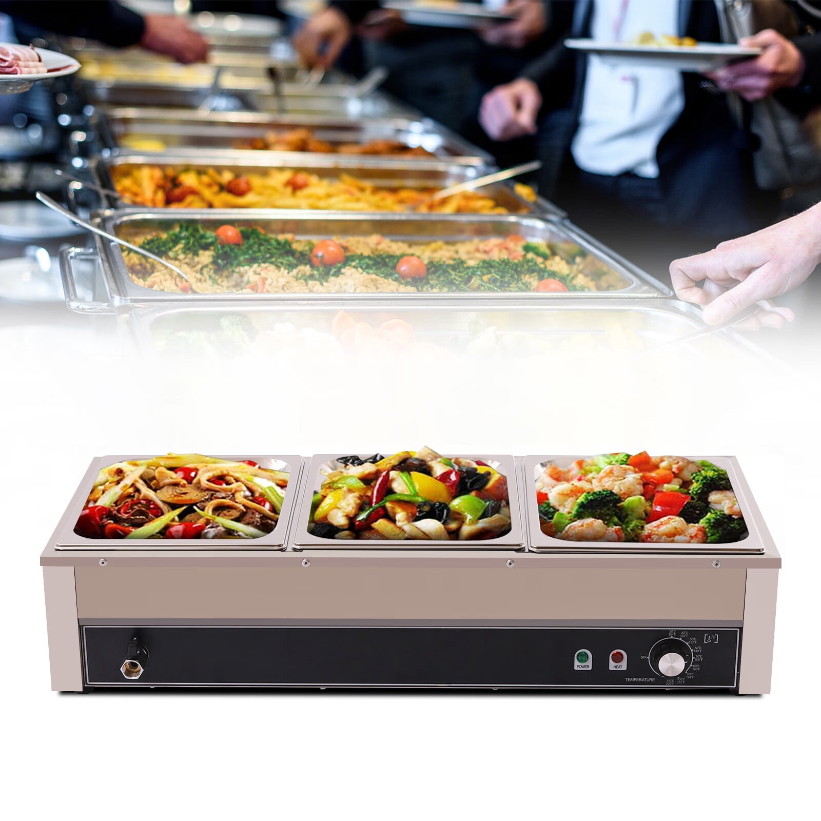 Aiqidi 1500W 3-Pan Commercial Food Warmer Stainless Steel Electric ...