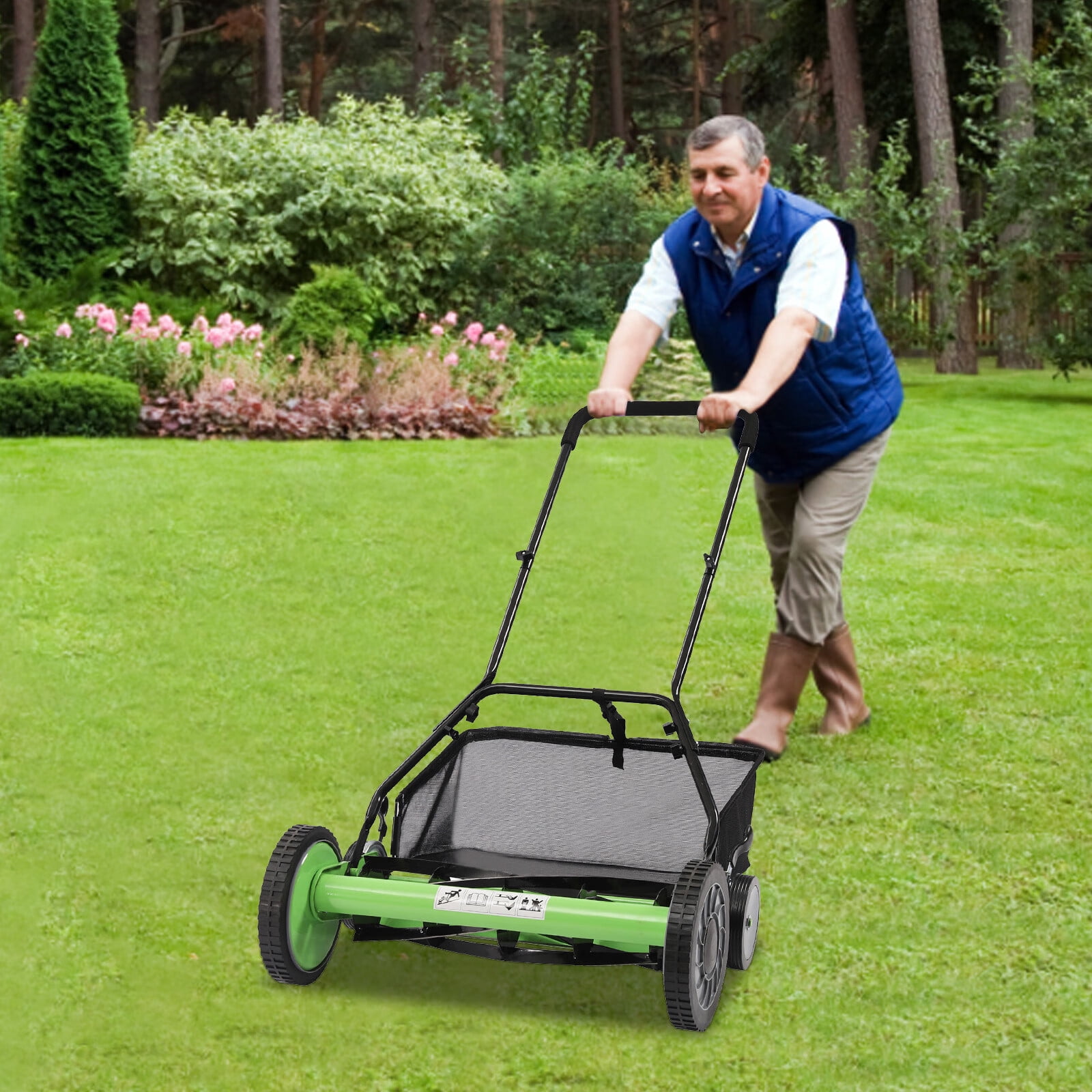 Aiqidi 20 inch Manual Push Reel Lawn Mower Home Height Adjustable 5 Blades Lawn Sweeper with Grass Catcher for Yards Sidewalks