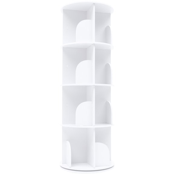 Aiqidi 360 Rotating Bookshelf 4 Tiers Stackable PVC Standing Display Rack Bookcase Storage Organizer Shelf for Living Room Bedroom (White)