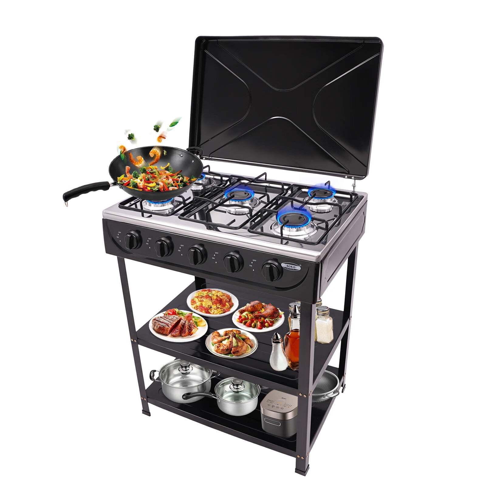 Aiqidi 5-Burner Gas Stove Portable Outdoor Cooking Gas Stove with 2 Tier Storage Shelf and Wind Blocking Cover for Camping Picnic BBQ (Black)
