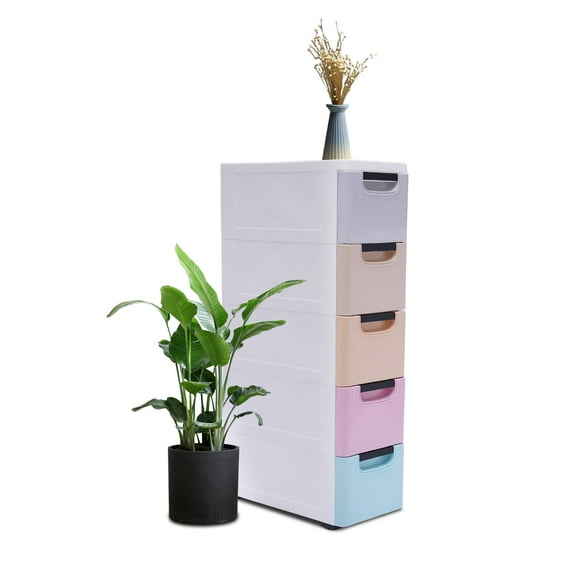 Aiqidi 5 Drawers Plastic Drawers Dresser Colorful Clothes Storage Cabinet Tower Closet Organizer Box on Wheels for Apartment Dorm