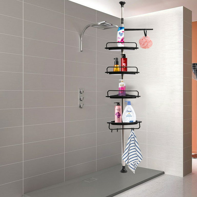 Aiqidi Corner Shower Shelf Caddy Tension Pole 4 Tier Adjustable Stainless  Steel Bathroom Shelves Rustproof Black