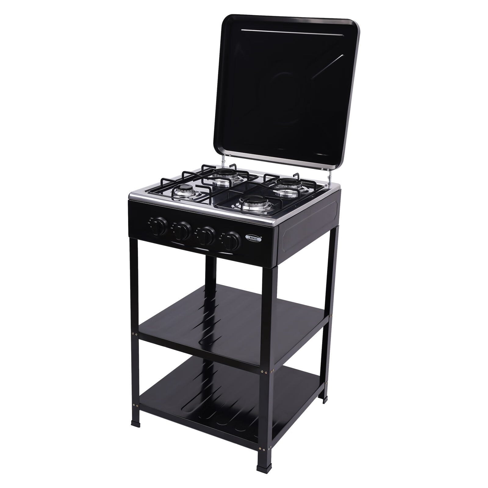 Aiqidi Portable Gas Stove 4 Burner with Support Leg Stand and Wind Blocking Cover Manual Ignition Camping Stove (Black)