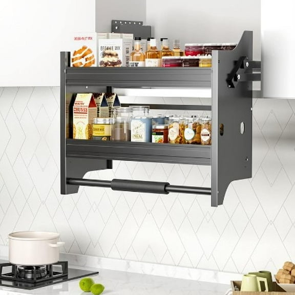 Aiqidi Pull Down Shelf Cabinet Organizer, 2-Tier Wall Drop Down Storage Shelf Black for 24 Inch Kitchen Upper Cabinet
