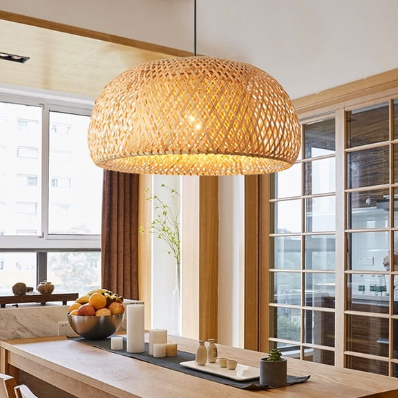 Aiqidi 15" Bamboo Wicker Rattan Pendant Light Hollow Woven Lampshade Hanging Lamp Cage Ceiling Light Retro Decoration Chandelier Lighting Fixture for Kitchen Island Dining Room Bedroom