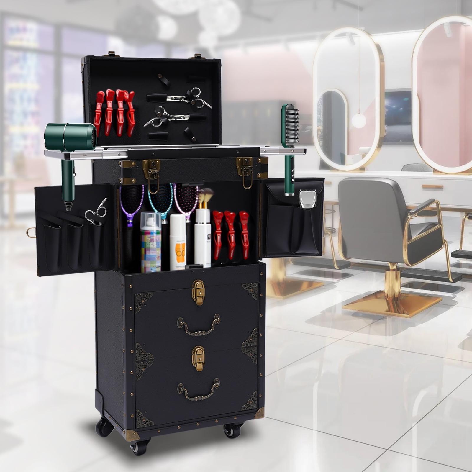 Aiqidi Rolling Lockable Makeup Train Case Hairdressing Trolley Barber