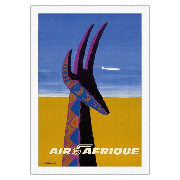 Air Afrique - Gazelle Africa - Vintage Airline Travel Poster by Bernard Villemot c.1966 - Fine Art Rolled Canvas Print 27in x 40in