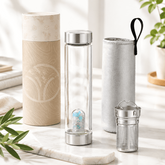 Air-Air Crystal Water Bottle with Aquamarine Stones and Loose Leaf Tea Infuser