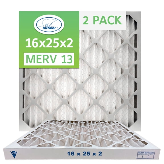 Air Bear 16x25x2 MERV 13 2-Pack Pleated Air Filter (Actual Size: 15.5x24.5x1.75)