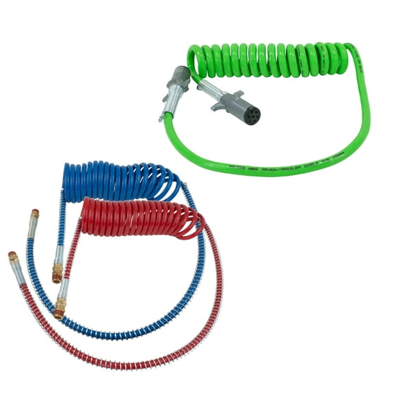 Air Brake Coil Assembly Kit - (1) 7-Way ABS Coil 15' (Green) 48" x 12" Leads, (1) Air Brake, Coiled Assembly - 15Ft w/ 40" Pigtails