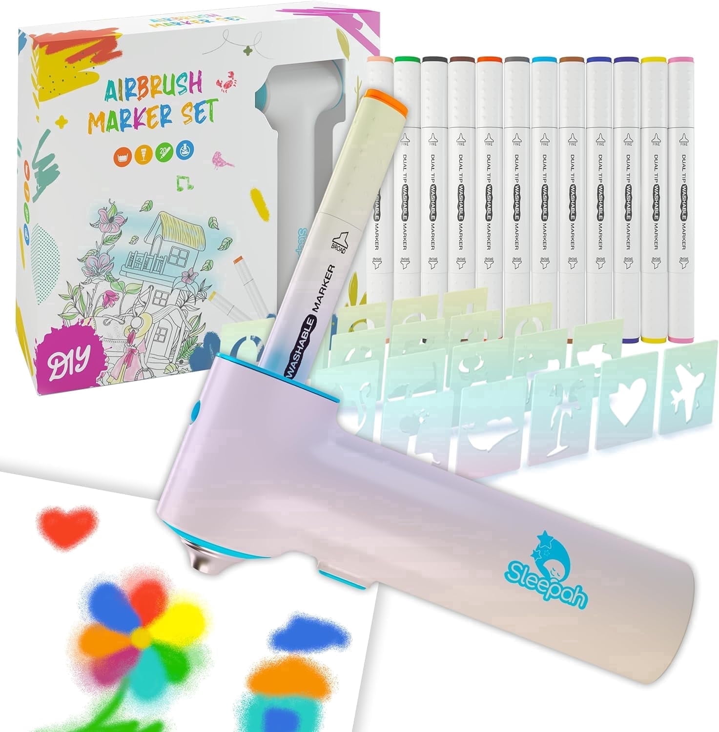 Air Brush Marker Set for Kids Includes 12 Washable Markers 20 Stencils Gift for Ages 5 6 7 8 9 Years Old (Air Brush Market Set)