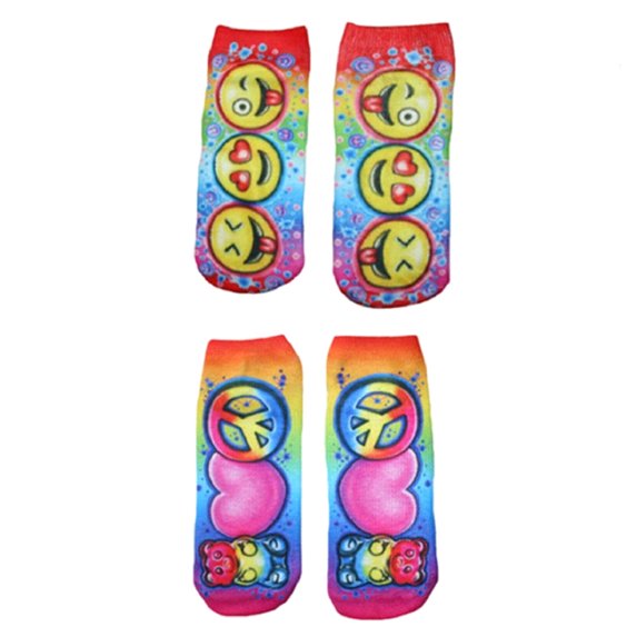 Air Brushed Graphics Junior Women's No Show Socks, 2 Pairs One Size (Faces/Gummy Bear)