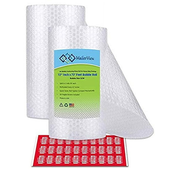 Air Bubble Cushioning Wrap large Rolls for Heavy-Duty Packing,Moving, Shipping, Packaging Boxes Mailers | 12 Inch x 72 Feet Total, Perforated Every 12"| 2 Pack, 36' Roll | 30 Fragile Sticker|USA Made