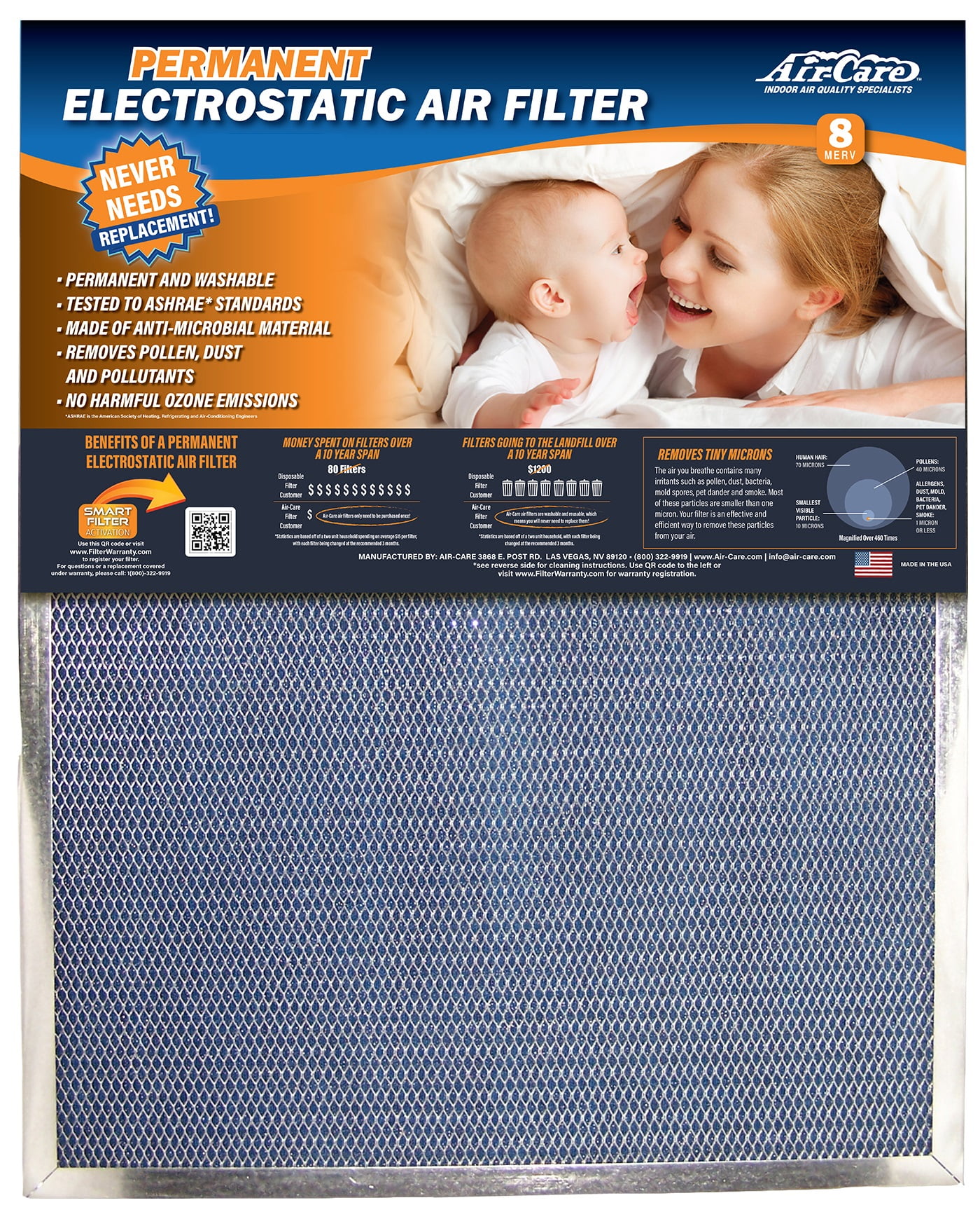 Air-Care Permanent Washable Electrostatic HVAC Air Filter 16x20x1