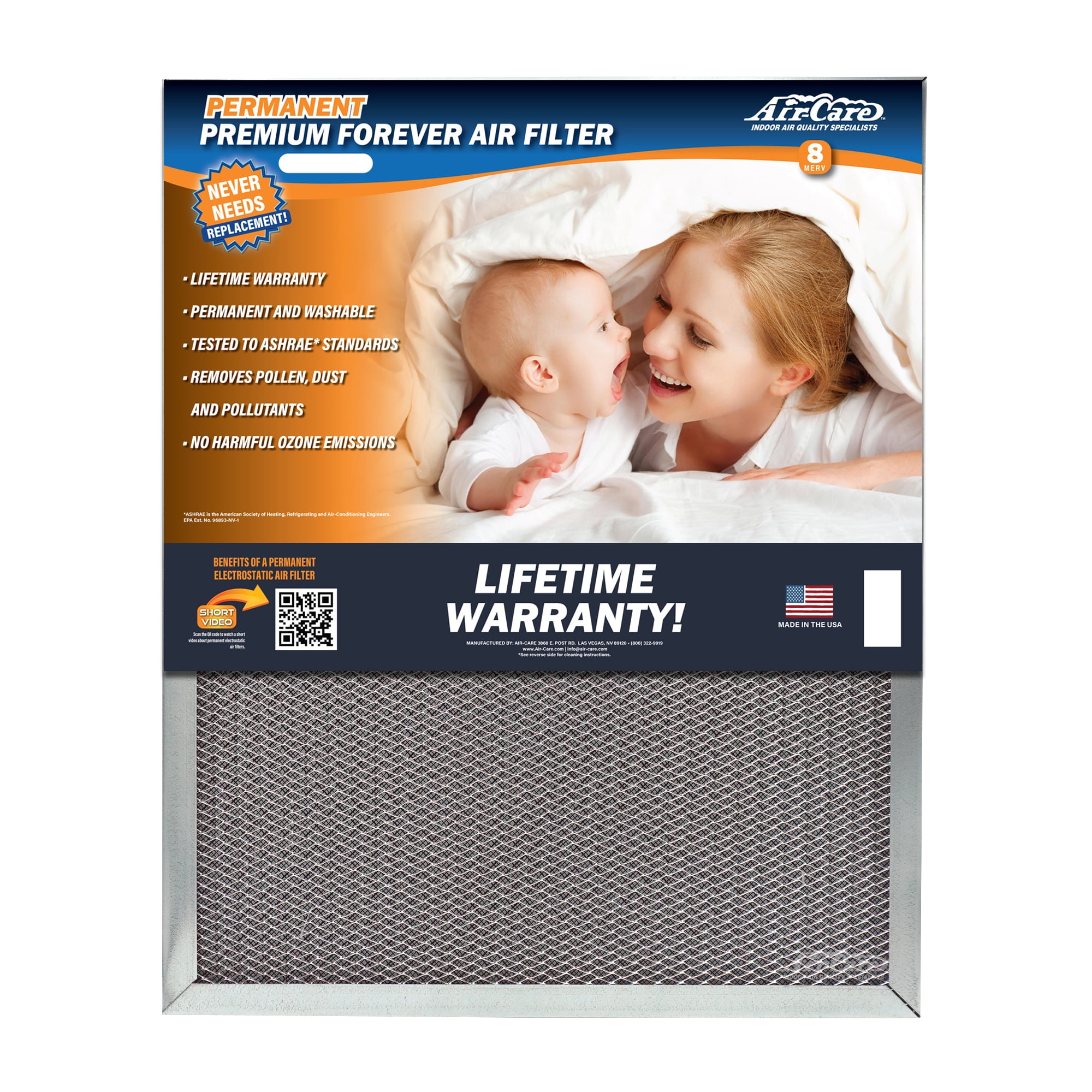 AirCare 20x25x1 Permanent Washable Electrostatic HVAC Furnace Air Filter, MERV 8, Allergen
